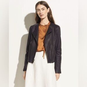 Vince. Cross Front Leather Jacket in Burgundy (M)